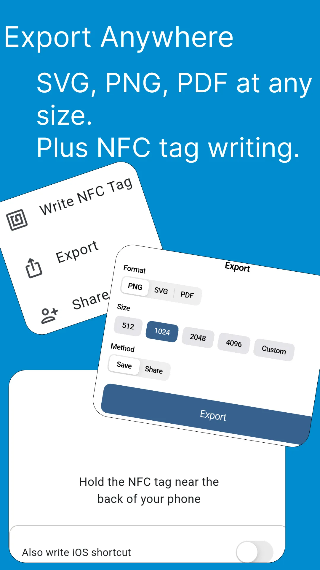 Export Anywhere — export as SVG, PNG, PDF and write to NFC